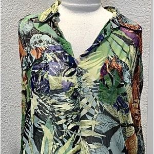 🌴Chicos Silk Sheer Tropical Print Button Down Long Sleeve Lightweight Top 2, L